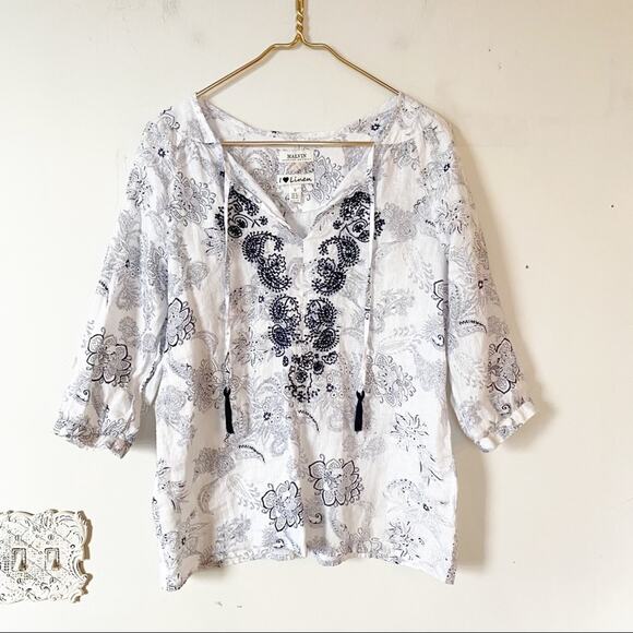 Malvin Tops - Malvin White Embroidered Floral Linen Peasant Top S